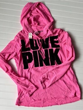 PINK Victoria's Secret Bright Pink Hoodie with Large Black LOVE PINK Graphic